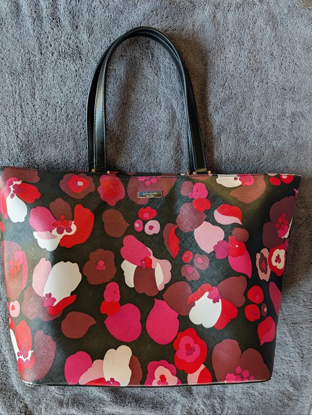 Kate Spade Floral Print Black Pink Red Tote Bag Handbag Shoulder Bag OS